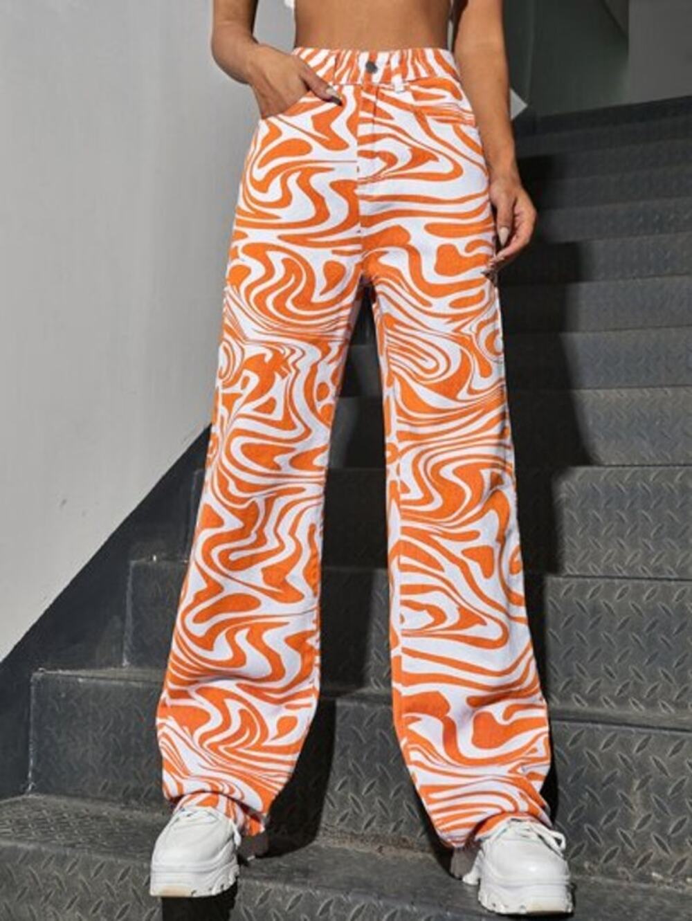 Shein Icon High Waisted Orange White Groovy Jeans Women's 6 US 3529